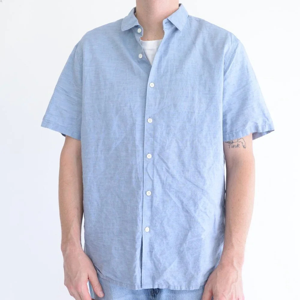 Theory Blue 51% Linen 49% Cotton Button Down Short Sleeve Dress Shirt Size Xl